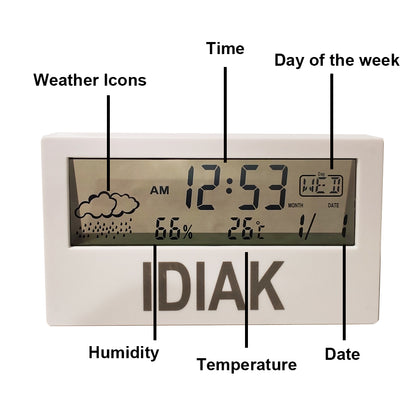 iDiAK Digital Alarm Clock, Electronic LED Time Display, Alarm Settings, Humidity & Temperature Detect for Bedroom, Bedside (White)