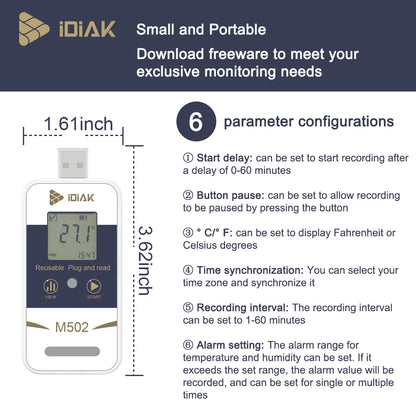 IDIAK M502 USB Temperature Data Logger Temp/Humidity Recorder with PDF and Excel (Reusable) Refrigerator Thermometer 14400 Points High Accuracy - 1 Pack